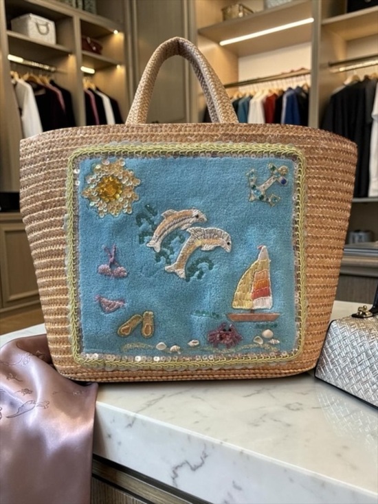 Cappelli Straworld Handbags - Straworld Straw Woven Beach Bag Ocean Dolphins Boat Tote​​ Coastal Grandmother